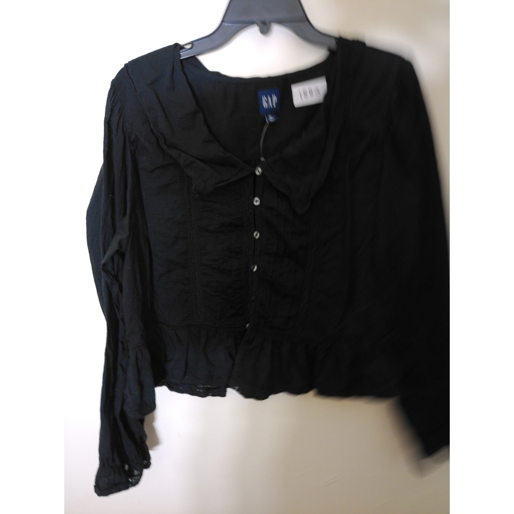 Gap Blouse Women XL Black Vintage Inspired Ruffle Pintuck Lace Coquette Blouse